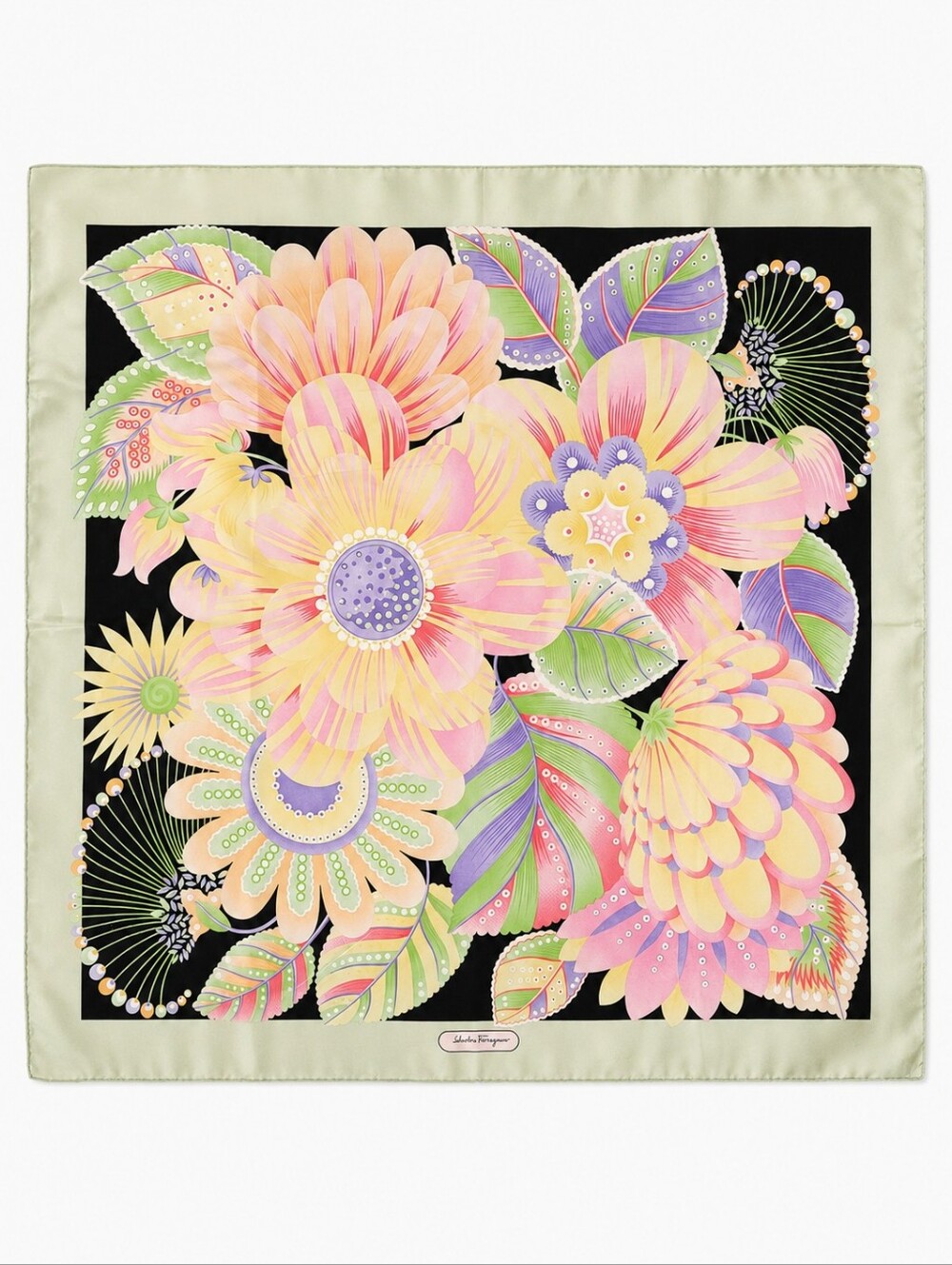 Salvatore Ferragamo 100% Silk Floral Square Scarf Pastel Black Luxury